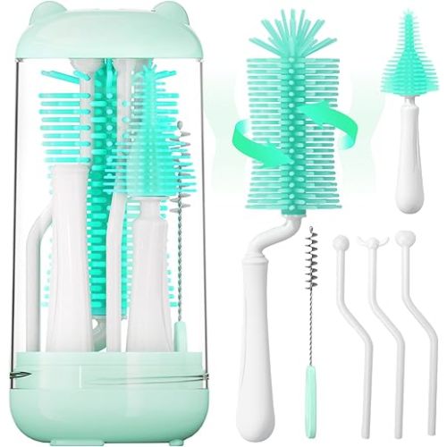 Bottle Brush Set,Travel Bottle Cleaner Kit with Baby Bottle Brush,UV Light,Straw Brush,Nipple Brush,Bottle Drying Rack for Home and Travel