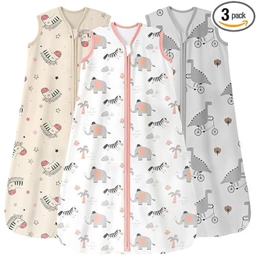 Unnivoll Baby Sleep Sack 6-12 Months 3 Pack 100% Cotton Lightweight 0.5 TOG Wearable Blanket Baby Sleep Bag with 2-Way Zipper for Newborn Infant Pink Apricot Gray Zebra