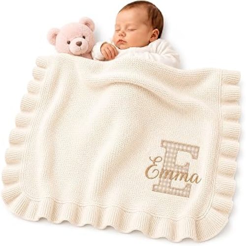 Nonnie Personalized Applique Baby Blanket with Name, Custom Embroidered Knit Newborn Wrap for Girl Boy, Soft Cotton Nursery Stroller Blanket, Customized Gifts Baby Shower Christmas, Infant Photo Prop