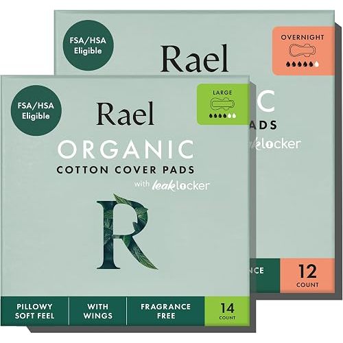 Rael Organic Cotton Cover Large & Overnight Pads, Heavy Absorbency (Bundle) | Sanitary Napkins, Period Pads with Wings for Women, Ultra Thin, Unscented, Period Essentials, Feminine Care