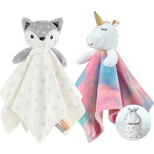 CREVENT Cozy Plush Baby Security Blanket, Loveys for Baby Girls and Boys, Birthday (Unicorn + Deer)