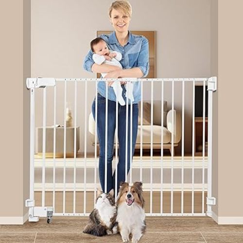 No Bottom Bar Baby Gate, 37 inch Tall Cat Pet Gate for Doorway, Adjustable 27.5in- 43 in Dog Gate with Large Walk Thru Door (White, 37inch)