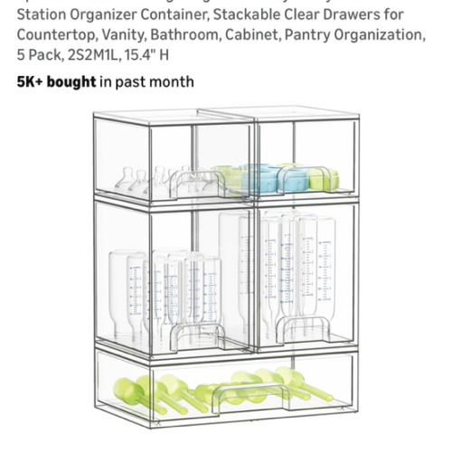 SpaceAid Bottle Storage Organizer Baby - Acrylic Bottles Station Organizer Container, Stackable Clear Drawers for Countertop, Vanity, Bathroom, Cabinet, Pantry Organization, 5 Pack, 2S2M1L, 15.4" H