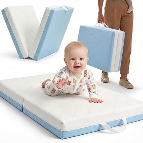 Bi-Fold Pack and Play Mattress, 3 Inch Thick Soft & Firm Memory Foam Breathable Portable Pack n Play Mattresses, Baby Playpen Mattresses with Removable Washable Cover 38x26x3 Inch - Blue