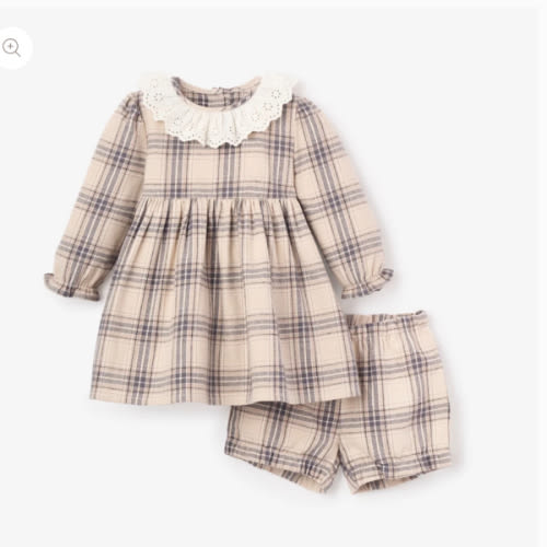 Neutral Plaid Eyelet Collared Dress + Bloomer – Elegant Baby