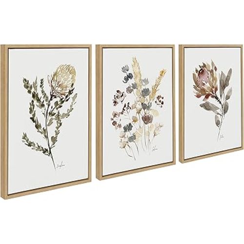 Kate and Laurel Sylvie Wild Banksia, Wild Salvia and Wild King Protea Framed Canvas Wall Art Set by Sara Berrenson, 3 Piece 18x24 Natural, Wildflower Art Set of 3 Wall Décor