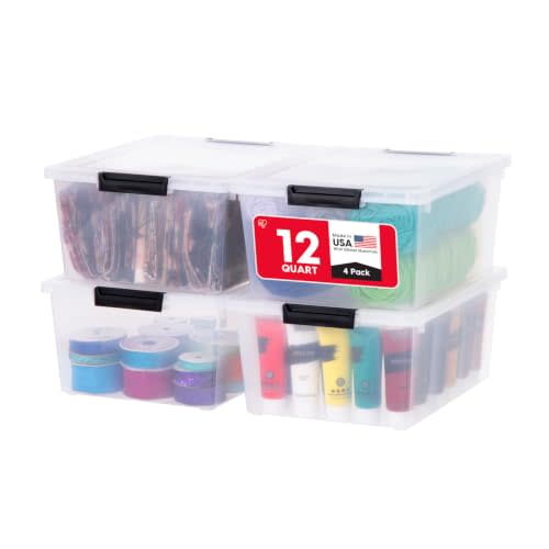 IRIS USA 4-Pack 12 Qt Storage Bins with Lids, Plastic Box, Clear/Black | 14"L x 10.88"W x 6.31"H - Craft Organizers, Plastic Clip Box Totes, Flat Containers for Paper & Art Supplies