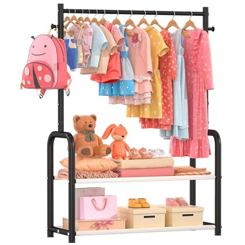 ZHKINGGS Kids Clothing Rack with 2-Layer Storage Shelf and 2 Adjustable Hanging Rods, Kids Dress Up Rack Storage for Hanging Clothes,Dress up Storage for Baby Toddle Kids (Classic, Black)
