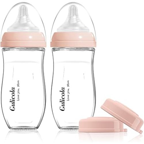 Natural Glass Baby Bottle for Breastfed Babies, Anti-Colic Baby Bottle Set with Medium Flow Nipple, 3 Months +, 8 oz, 2 Pack - Pink