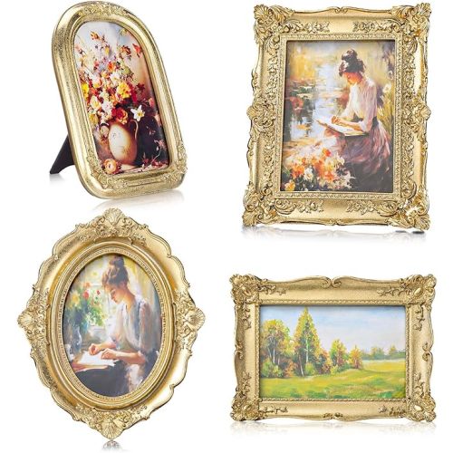 Geetery 4 Pcs Vintage Picture Frames Set, Gold Ornate Baroque Frames for Gallery Wall, Antique Victorian Decorative Photo Frame for Tabletop or Wall Display, Shabby Cottagecore Home Decor