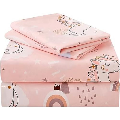 JSD Pink Unicorn Kids Sheet Set Full Size, 4 Piece Girls Rainbow Printed Microfiber Bed Sheets Deep Pocket