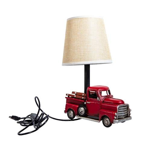 Berfutall-Decorative Rustic Red Vintage Truck USB Table Lamp，Night Light with Burlap Shade, 6.7 x 4.7 x 6.7 inches