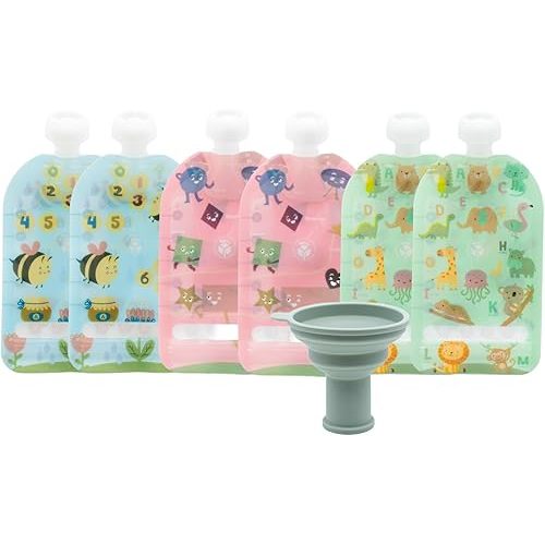 WeeSprout Double Zipper Reusable Food Pouches, Perfect for Babies & Toddlers, Freezer & Dishwasher Safe (Educational, 5 Fl Oz (Pack of 6) + Pouch Filler)