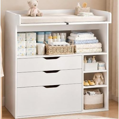Pipleo Baby Changing Table Dresser with 3 Drawers and 3 Storage Shelves, Can be Used as a Baby Dresser with Changing Table Top, a Baby Changing Station, a Wood Diaper Changing Station (White)