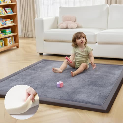 ACOMOPACK Baby Play Mat for Floor 1.3" Thick Memory Foam 50x50 Soft Velvet Playpen Mat for Kids,Infants,Toddlers,Tummy Time Crawling Mats with Non-Slip Bottom,Yoga,Tatami,Nursery RugDark Grey