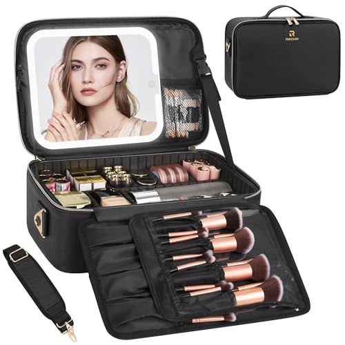 Chomeiu Makeup Bag with LED Mirror, Large Travel Cosmetic Train Case for Women, Makeup Artists Large Organizer Box with Vanity Light Up Mirror, 3 Color Lights, Adjustable Dividers (Black)