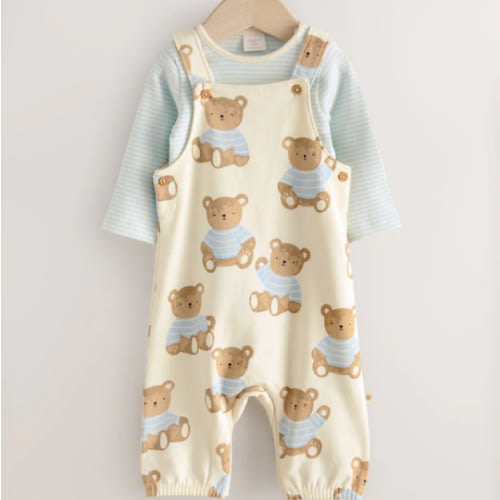 Blue Bear Print Jersey Dungarees And Bodysuit Baby Set (0mths-2yrs)