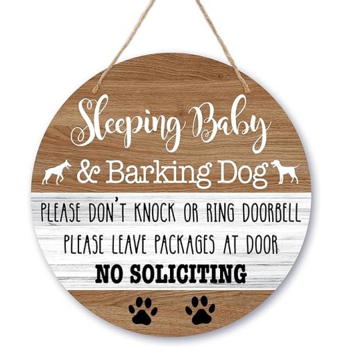 Baby Sleeping Sign Decor, Do Not Knock Or Ring Doorbell Hanging Sign For Front Door, No Soliciting Sign For Home Baby Room Nursery Outdoor, Funny Dog Warning Round Door Hanger Decorations -b03