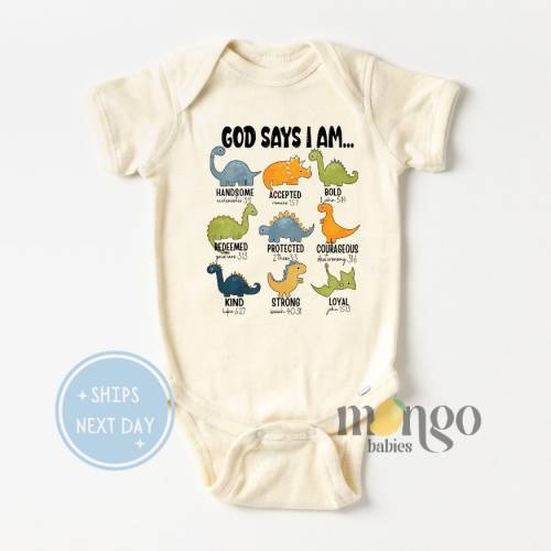 Cute Baby Onesies® Brand God Says I am Handsome Baby Gift for Boys Dinosaur Tshirt Religious Kids Tee God Says I Am Strong Easter Gift 2294