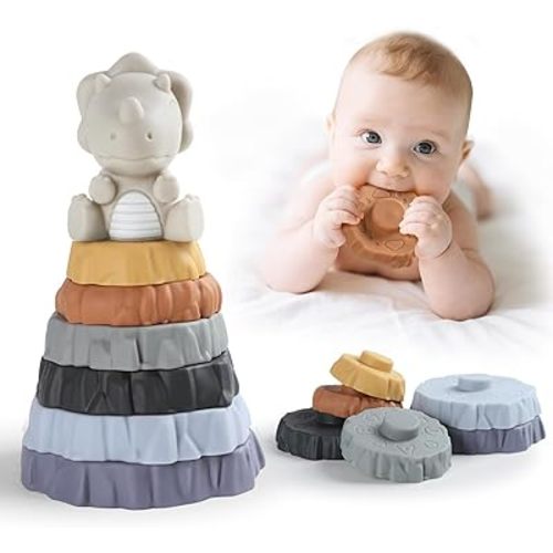 Stacking & Nesting Baby Teething Toy, 7 Pcs Soft Building Rings Stacker Toys with Dinosaur, Newborn Essentials Sensory Learning Toys for 6 12 18 Months Infant Toddler Boys Girls