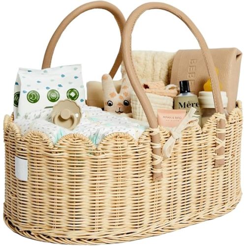BEBE BASK Premium Baby Diaper Caddy Organizer - Handmade & Award-Winning Scalloped Rattan Basket - Luxury Diaper Caddy Basket - Elegant Scalloped Edge (Natural)