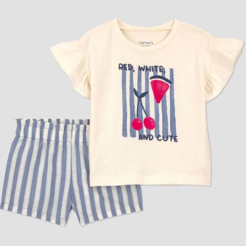 Carter's Just One You® Baby Girls' 2pc Striped Fruit Graphic 4th of July T-Shirt and Shorts Set - Blue/Ivory/Red 9M