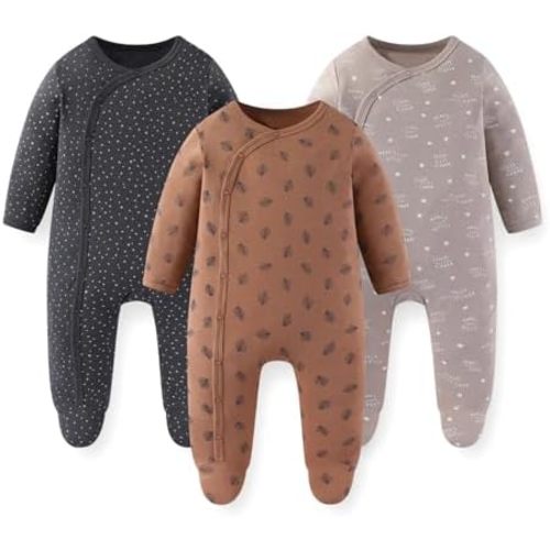 Unisex Baby Boy Girl Footies Rompers Cotton Long Sleeve 3 Pack Infant Jumpsuits 0-12Months Babies' Outfits