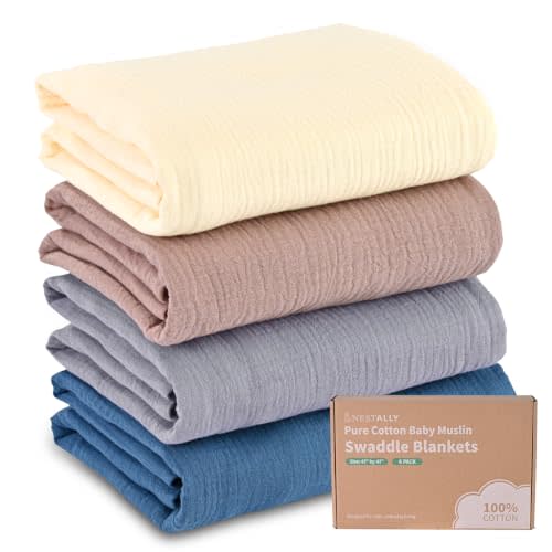 NESTALLY Cocoon Muslin Swaddle Blankets 4 Pack, Blue & Neutral | 100% Cotton, Soft Breathable Large 47"x47" Newborn Receiving Blankets, Baby Registry Essentials & Shower Gifts for Boys Girls