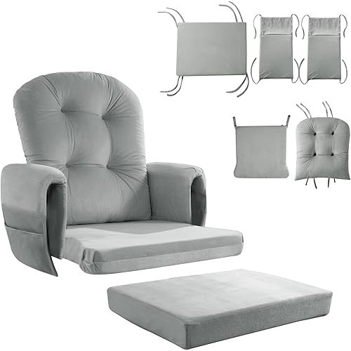 HOMBYS Glider Rocker Replacement Cushions 5 PCS with Storage Side Pocket, Velvet Fabric, Foam & Microfiber Filling, Non-Slip & Washable,Thickened & Supportive for Glider Rocking Chair-Light Grey