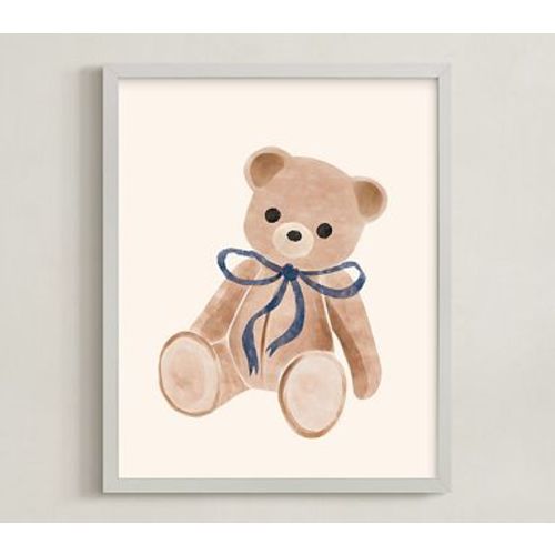 Minted Bear with Bow, Blue, by Vivian Yiwing, 16x20, Light Gray Wood Frame