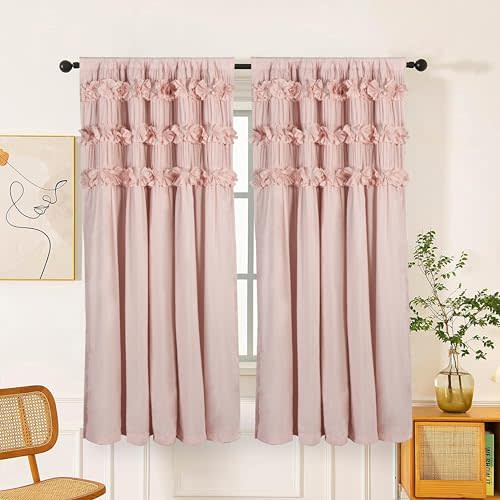 Luxurious Peach Pink Blackout Curtains with 3 Rows of Handmade Butterfly Flower Ruffles, Room Darkening and Soundproof Window Curtain 42" W x 63" L (Pair), Machine Washable (LQ-37)