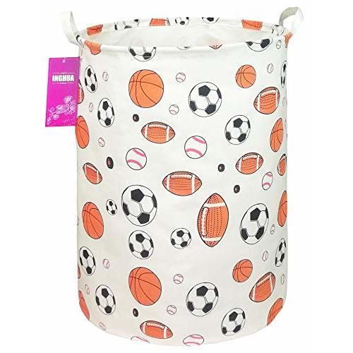 INGHUA Laundry Hamper Large Canvas Fabric Lightweight Storage Basket/Toy Organizer/Dirty Clothes Collapsible Waterproof for College Dorms, Boys and Girls Bedroom,Bathroom(Ball game)