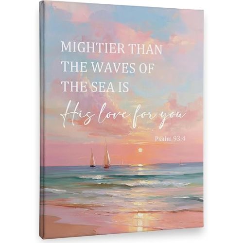 PHAMTE Christian Coastal Beach Landscape Wall Art Decor Canvas 11x14, Pink Beach Pictures Decorations, Religious Bible Verses Coastal Framed Prints Artwork for Home Bedroom Living Room Decor