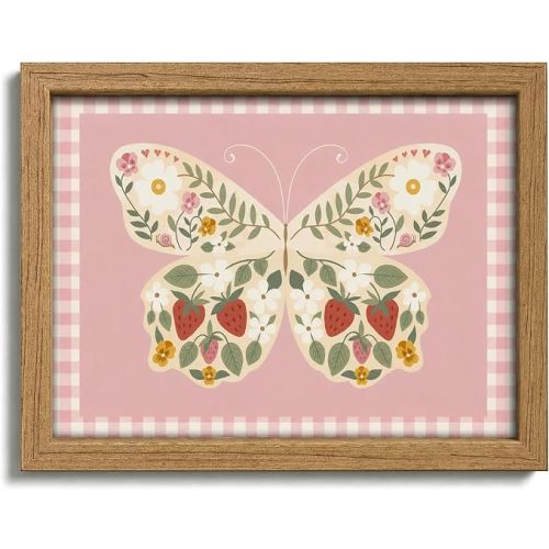 Pink Gingham Butterfly Canvas Wall Art Solid Wood Framed 8X10in