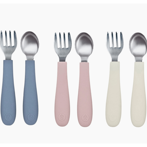 Stainless Steel & Silicone Toddler Utensils – Set of 6 (3 Forks + 3 Spoons)