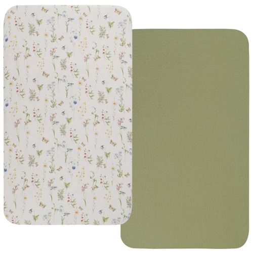 Onacosht Muslin Bassinet Sheets 33" x 19", 2 Pack, Floral & Lime Green
