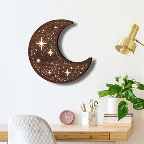 Wall Mounted Moon Nightlight, Wooden Moons Wall Art Decor Lamp LED Crescent Light Hanging Decor Sign, 3D Wooden Crescent Star LED Night Lights Wall Sticker for Living Room Bedroom Home (Moon star)