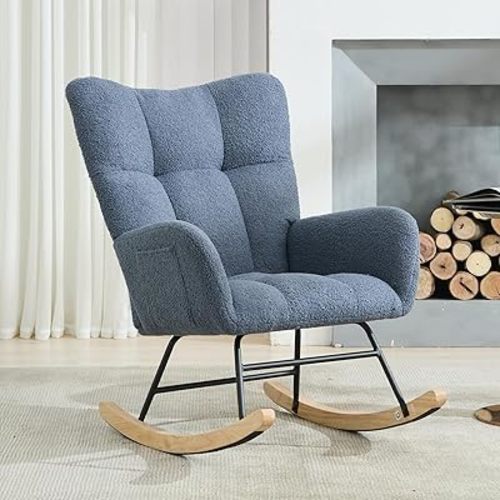 Nursery Rocking Chair Teddy Upholstered Glider Rocker Rocker Accent Chair with High Backrest Armchair Comfy Side Pocket Modern Rocking Accent Chairs for Living Room, Nursery, Office-Navy