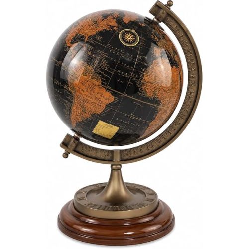 Antique-Style Decorative World Globe – Black and Gold Rotating Globe with Cast Aluminium Meridian and Wooden Base – Home and Office Desk Décor