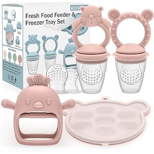 4 Pack Silicone Teething Mitten for Babies with Baby Fruit Food Feeder & Freezer Tray Set, BPA Free Infant Teething Relief Toy for 3 Month+, Additional Silicone Sacs