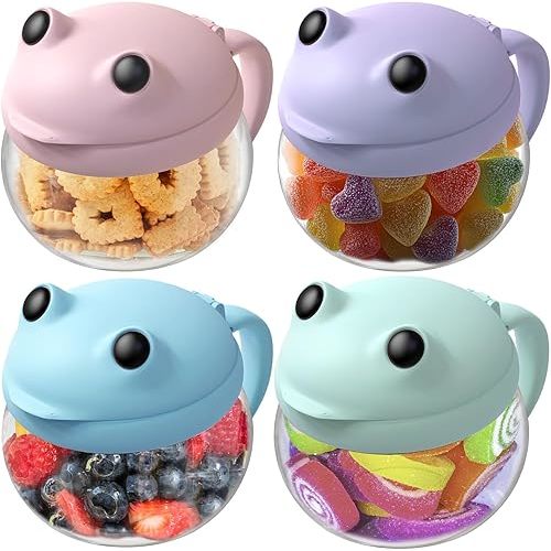 SELEWARE Spill-Proof Toddler Snack Cups 4-Pack - No Mess Snack Catcher with Handle, BPA-Free Tritan & Silicone - No Spill Snack Container for Kids, Baby & Toddlers - Cute Frog Design, Dishwasher Safe