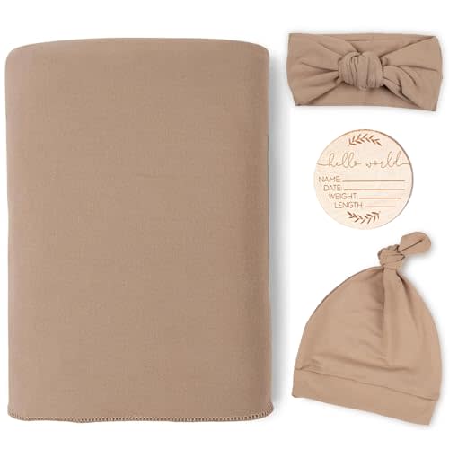 TANOFAR 4-Pack Newborn Swaddle Blanket for Baby Girls & Boys, Ultra Soft Receiving Blankets with Matching Headband and Beanie Set Baby Nursery Swaddle Wrap (Brown)