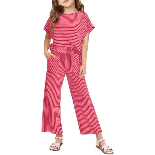 Haloumoning Girls Striped 2 Piece Outfits Short Sleeve T Shirts Wide Leg Pants Matching Lounge Set with Pockets
