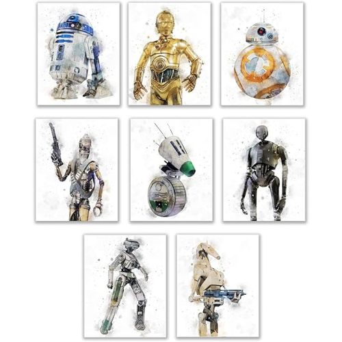 Star Wars Droids Prints - Star Wars Wall Art, Starwars Posters for Walls, Watercolor Wall Decor Photos, R2D2 C3PO BB8 K-2SO BB-9E Battle Droids - Unframed Set of 8 (8x10)