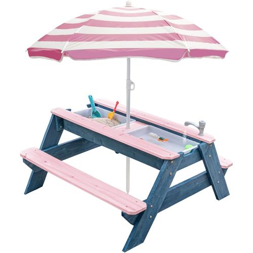 Kids 3-in-1 Sand & Water Table, Wood Outdoor Convertible Picnic Table w/Umbrella, 2 Trays, Removable Top with Faucet, Picnic Table for Outdoor Playset (Pink/Pink)