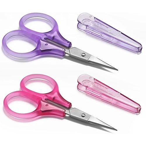 SCAIKTIG Small Craft Scissors, 3" Tiny Travel Scissors Tsa Compliant with Cover, Sharp Scissors all Purpose, Straight Fine Tips Mini Sewing Scissors Set, Precision Detail Paper Cutting, Pink/Purple