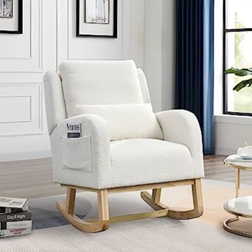 Rocking Glider Chair for Nursery, Wingback Accent Rocker Chair Upholstered Tall Back Arm Chair w/Side Pockets, Modern Leisure Single Sofa for Living Room, Hotel, Bedroom, Baby Room, Ivory