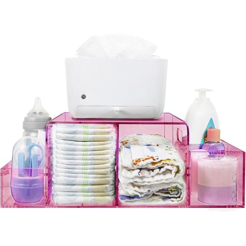 NANYEZH Acrylic Diaper Caddy, Baby Wipes Organizer for Changing Table, Dresser Top Tabletop Organizer with 4 Detachable Compartments, Anti-slip Rubber Feet, Newborn Baby Essentials, Red