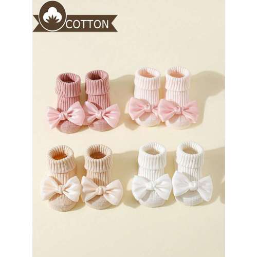 4 Pairs Baby/Toddler Girls' Cotton Bow Decor Non-Slip Crew Socks, Suitable For Indoor Floor Use When Crawling/Learning To Walk, All Season | SHEIN USA
