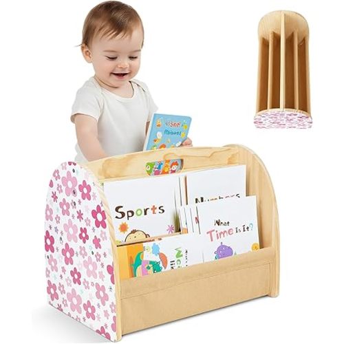 Toddler Bookshelf Double-Sided with 4 Tier Deep Sleeves Kids Wooden Montessori Book Rack for Baby Nursery Room, Playroom, Classroom or Bedroom Bookcase Storage Organizer, Pink Flowers
